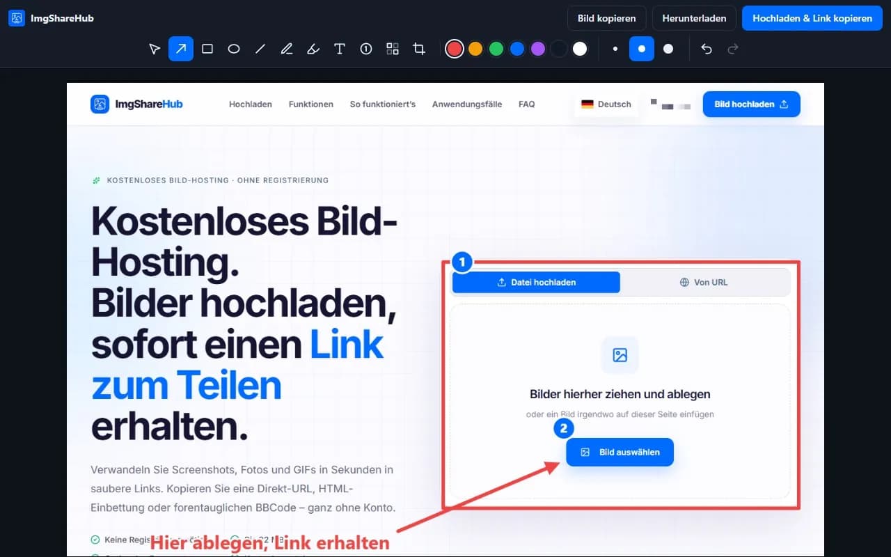 Der Editor der ImgShareHub-Erweiterung mit Pfeil, Rahmen, nummerierten Schritten und Text auf einem Screenshot