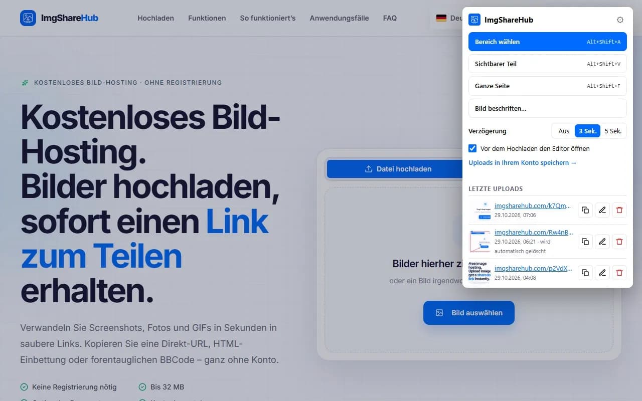Das Pop-up der Erweiterung mit Aufnahme-Buttons, Verzögerungsschalter und letzten Uploads