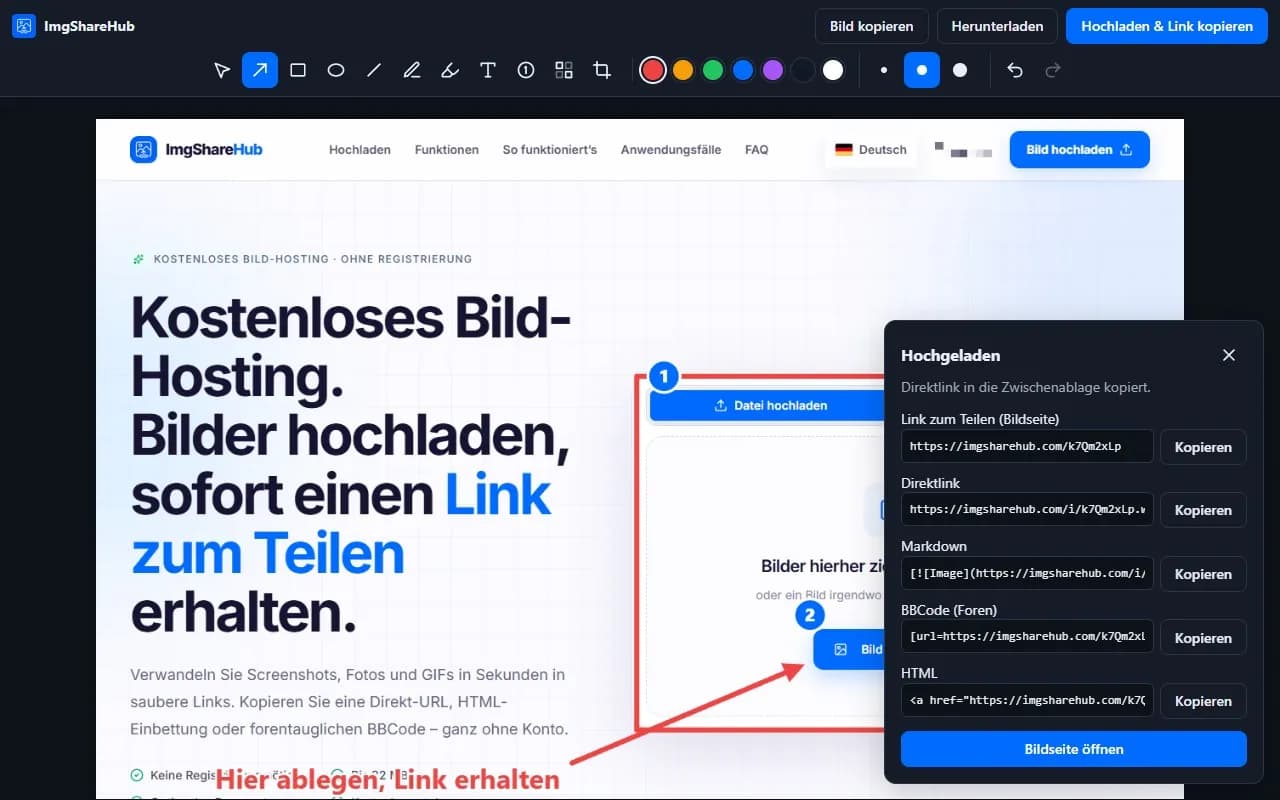Nach dem Hochladen: Link zum Teilen, Direktlink, Markdown, BBCode und HTML, jeweils mit Kopier-Button