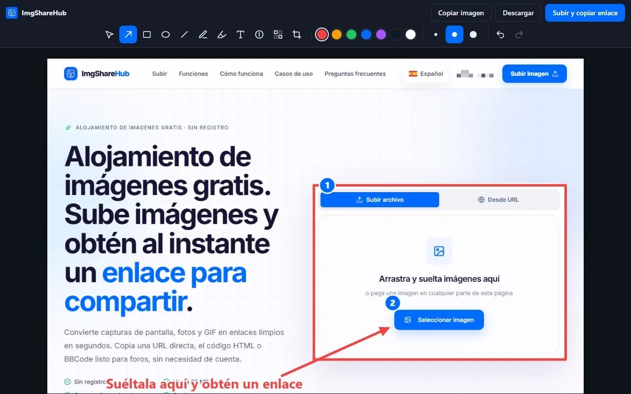 El editor de la extensión de ImgShareHub con una flecha, un recuadro, pasos numerados y texto dibujados sobre una captura de pantalla
