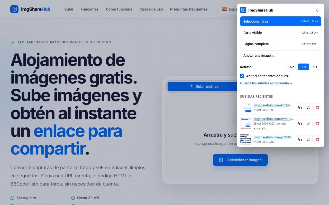 La ventana emergente de la extensión con los botones de captura, el selector de retraso y las subidas recientes