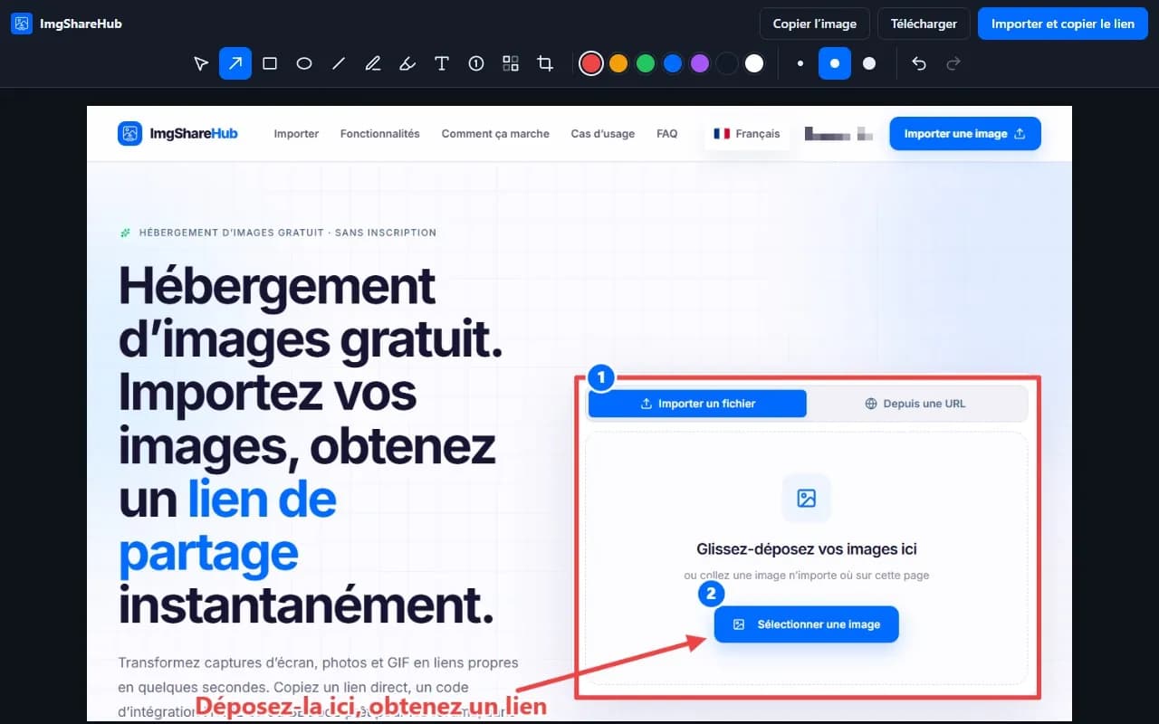 L’éditeur de l’extension ImgShareHub avec une flèche, un cadre, des étapes numérotées et du texte dessinés sur une capture d’écran