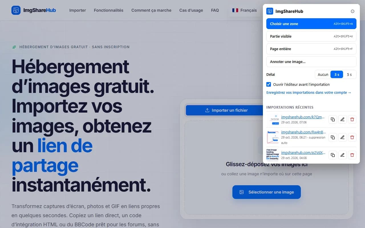 La fenêtre de l’extension avec les boutons de capture, le réglage du délai et les importations récentes