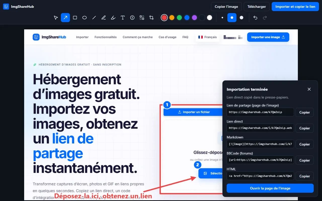 Après l’importation : lien de partage, lien direct, Markdown, BBCode et HTML, chacun avec un bouton Copier