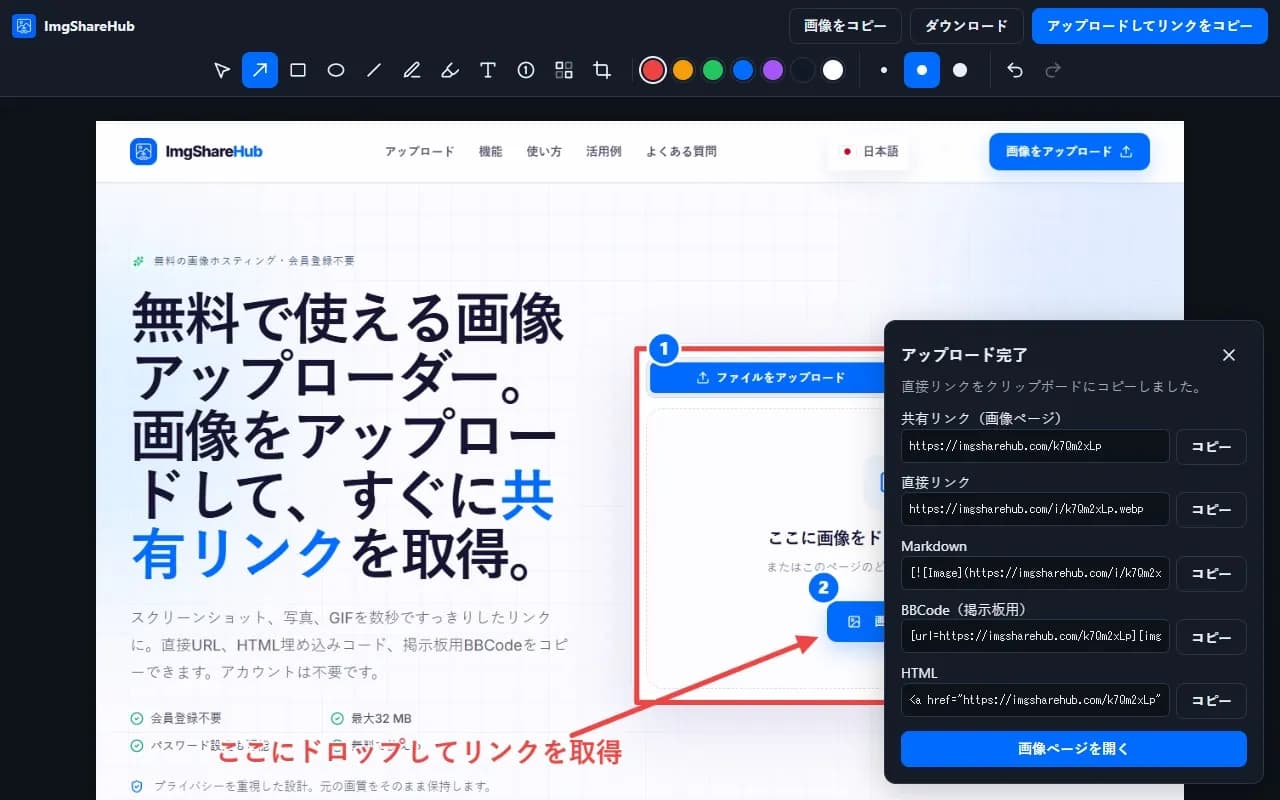 アップロード後の画面。共有リンク、直接リンク、Markdown、BBCode、HTMLがそれぞれコピーボタン付きで表示されている