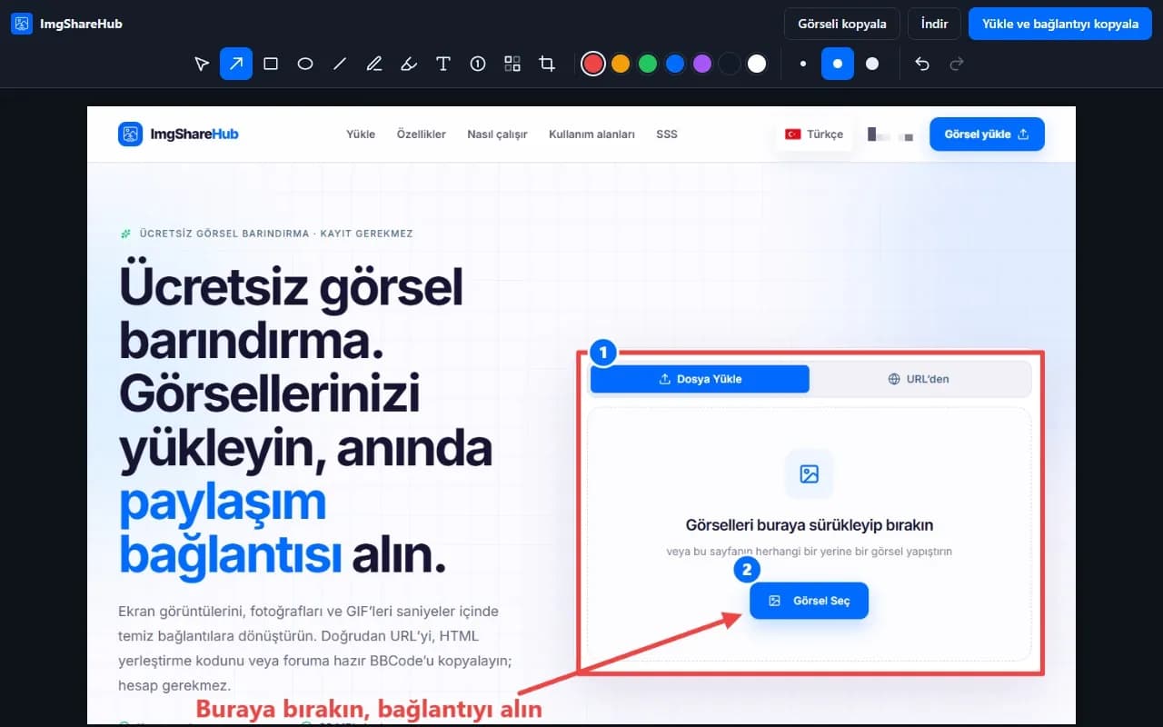 ImgShareHub uzantısının düzenleyicisi; bir ekran görüntüsünün üzerine çizilmiş ok, kutu, numaralı adımlar ve metin