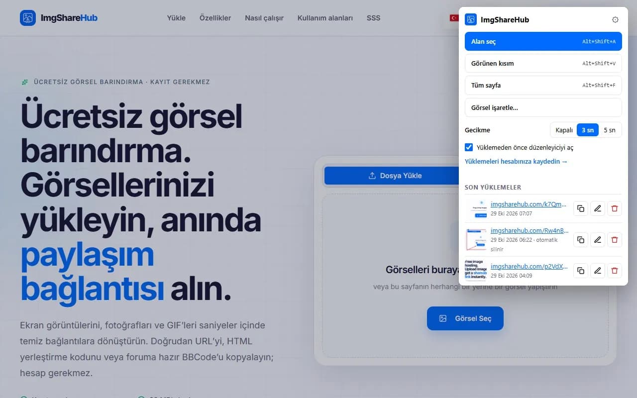 Görüntü alma düğmeleri, gecikme anahtarı ve son yüklemelerle uzantının açılır penceresi