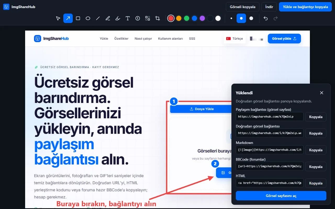 Yüklemeden sonra: paylaşım bağlantısı, doğrudan bağlantı, Markdown, BBCode ve HTML, her biri kopyalama düğmesiyle