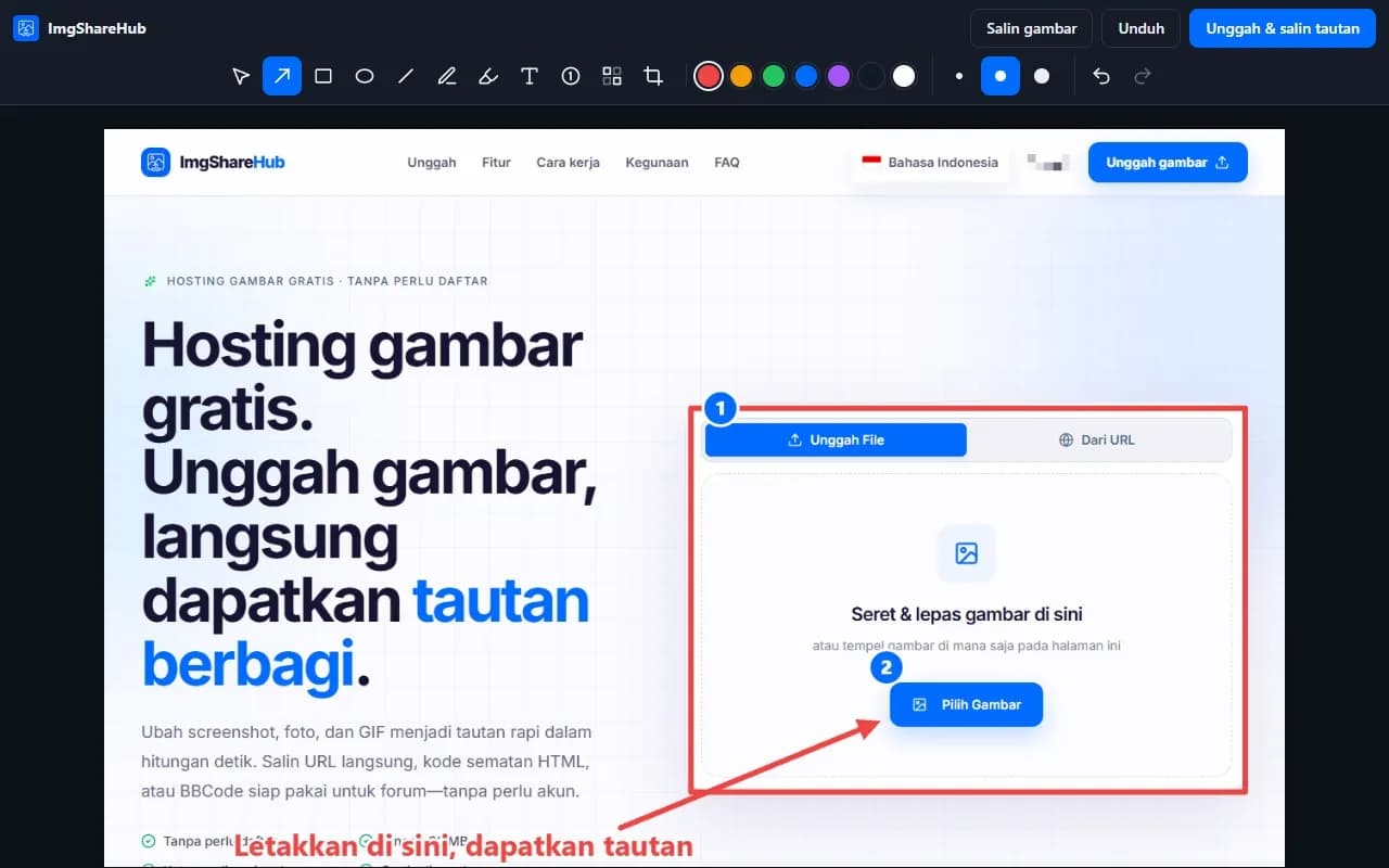 Editor ekstensi ImgShareHub dengan panah, kotak, langkah bernomor, dan teks yang digambar di atas screenshot