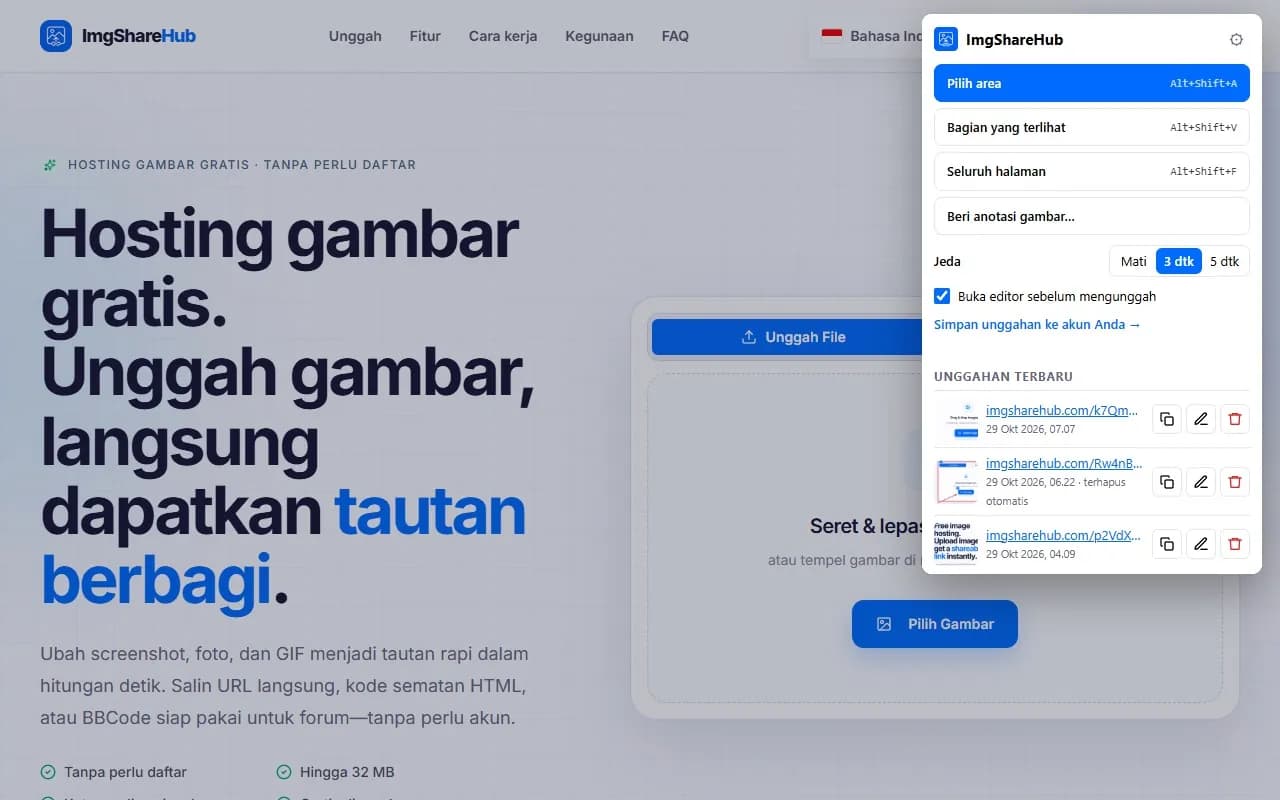 Popup ekstensi dengan tombol screenshot, sakelar jeda, dan unggahan terbaru