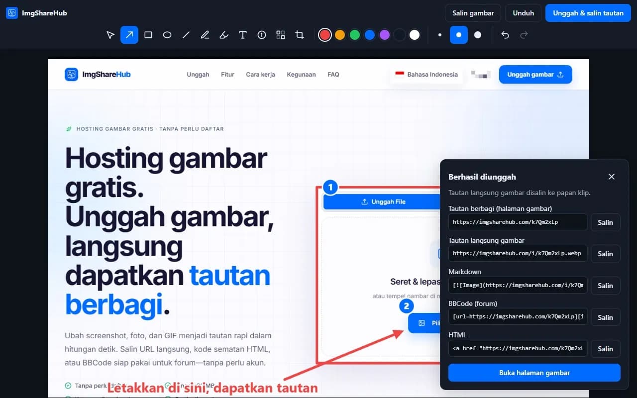 Setelah mengunggah: tautan berbagi, tautan langsung, Markdown, BBCode, dan HTML, masing-masing dengan tombol salin