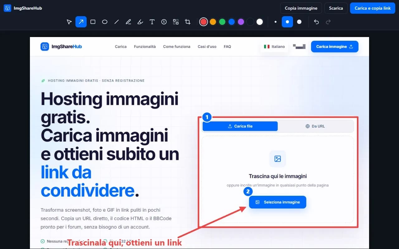 L’editor dell’estensione ImgShareHub con una freccia, un riquadro, passaggi numerati e testo disegnati su uno screenshot