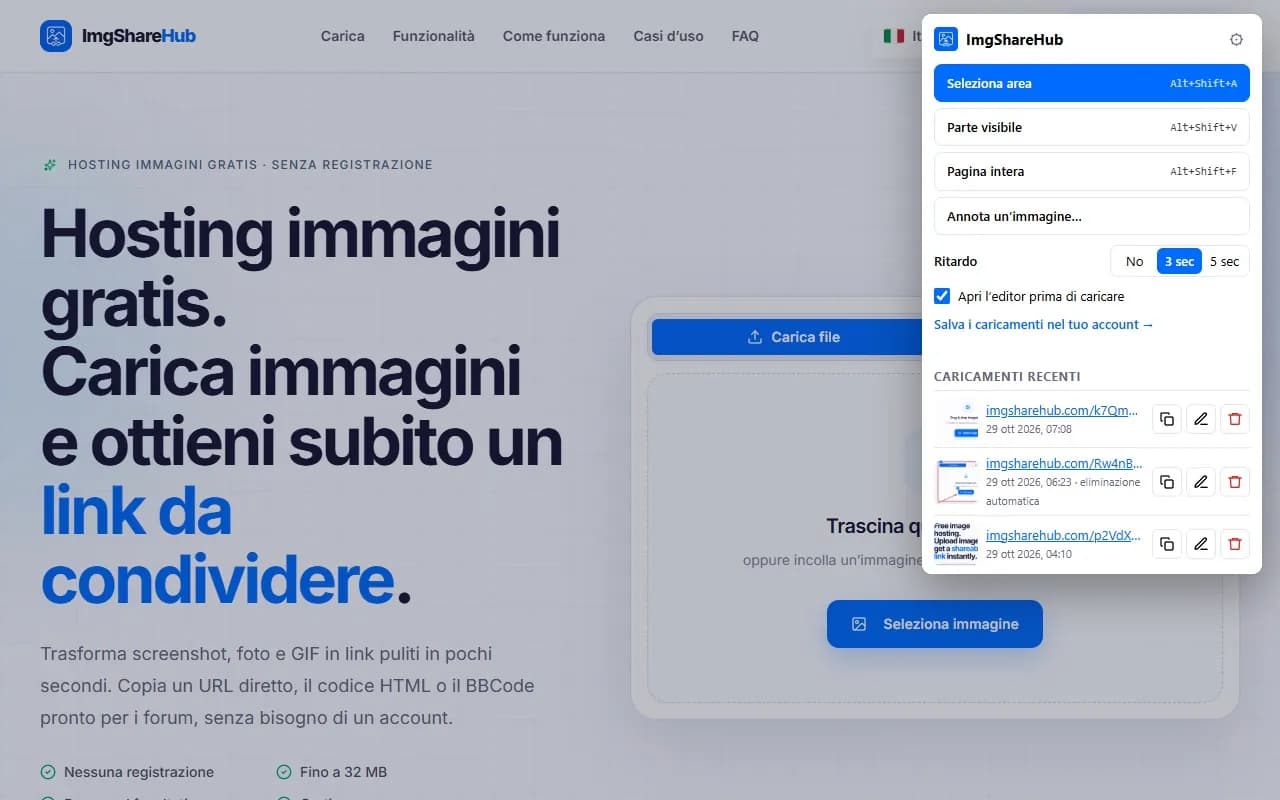 Il popup dell’estensione con i pulsanti di cattura, l’opzione del ritardo e i caricamenti recenti
