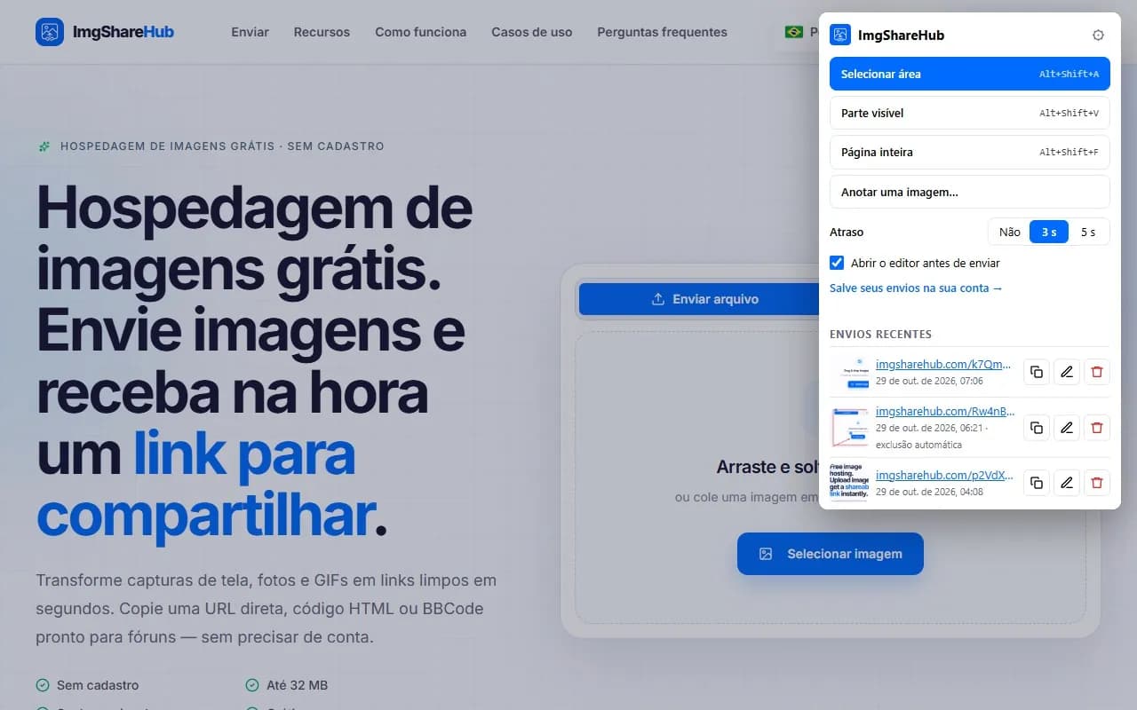 O pop-up da extensão com os botões de captura, a opção de atraso e os envios recentes